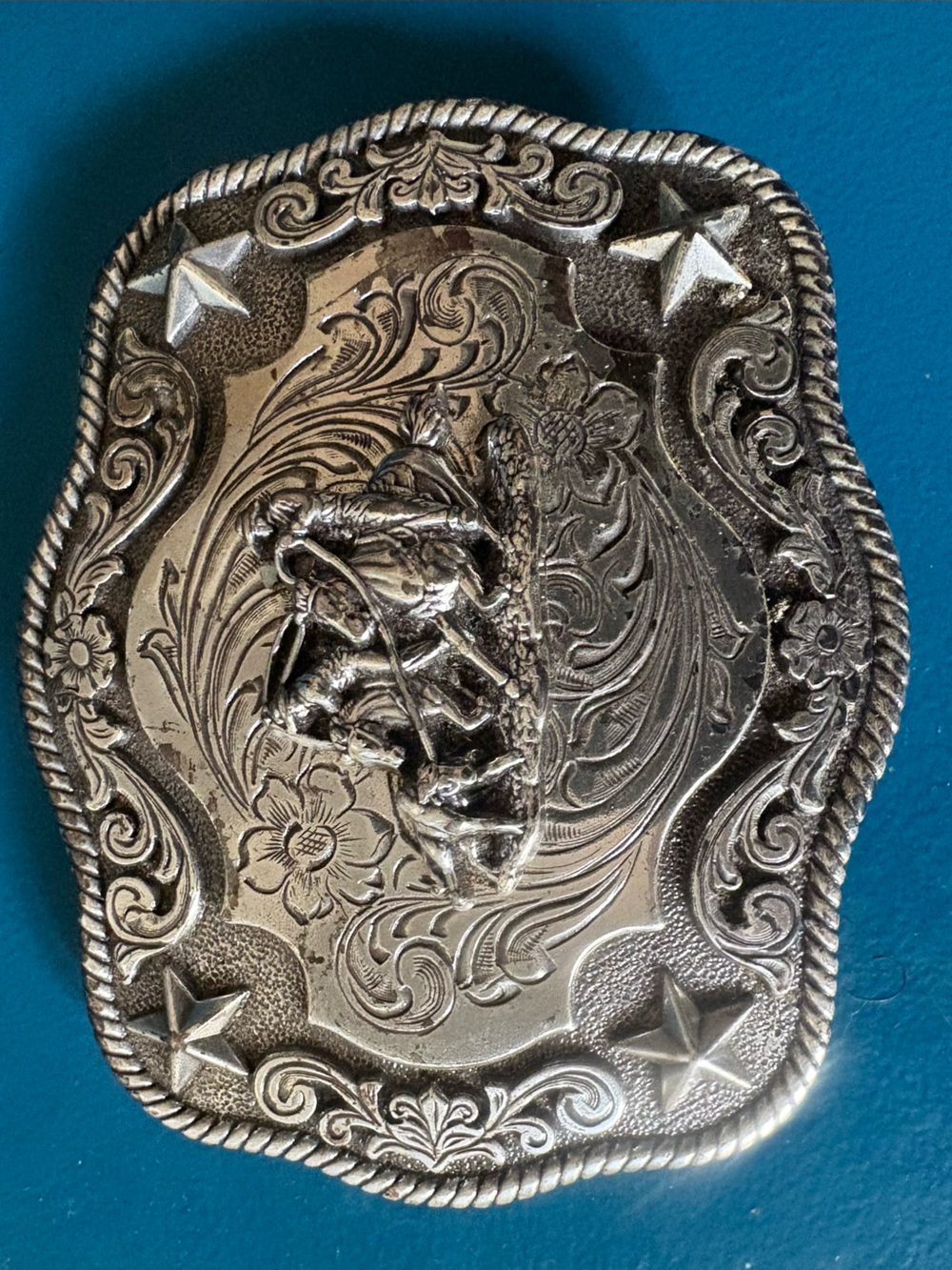 Engraved Western Horse & Rider Silver Buckle